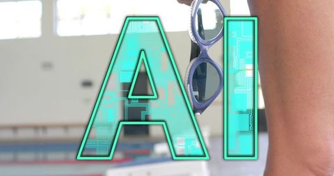 Mature swimmer holding goggles poolside with turquoise AI graphic for sports tech concept