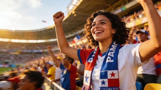 Young female fan cheering in stadium wearing panama scarf and white jersey, sunlit crowd