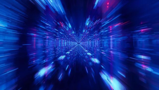 Racing neon data tunnel streaming toward vanishing point in futuristic digital corridor
