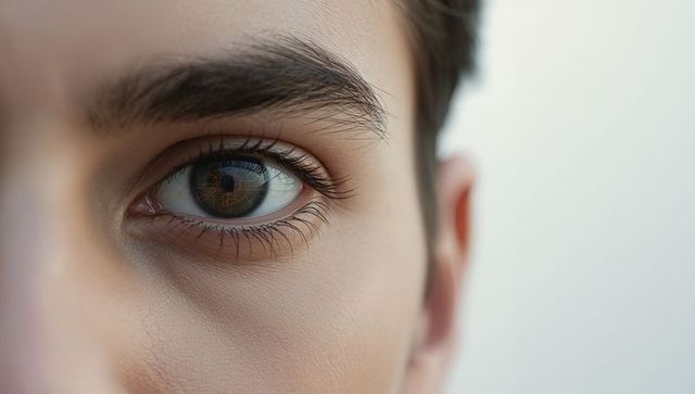 Close-up eye gazing with digital circuit iris reflecting futuristic cyber technology