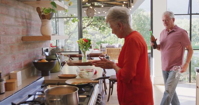 Senior Caucasian Couple Cooking Together in Modern Rustic Kitchen - Download Free Stock Images Pikwizard.com