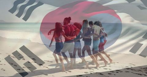 Friends Linking Arms on Sunny Beach With South Korean Flag Overlay