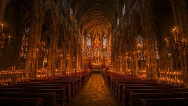 Majestic gothic cathedral interior with candles