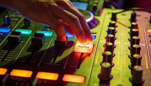 Dj hand adjusting illuminated alpha pad and fader on neon-lit audio mixing console