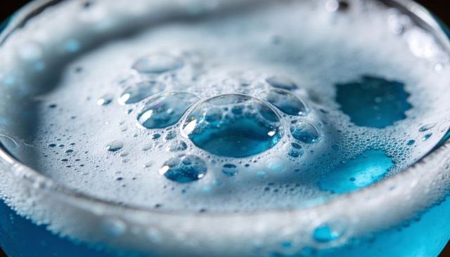 Macro bubbles forming on vivid blue liquid with glass rim reflections and foam
