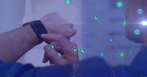 Man tapping smartwatch with e-commerce holograms displayed