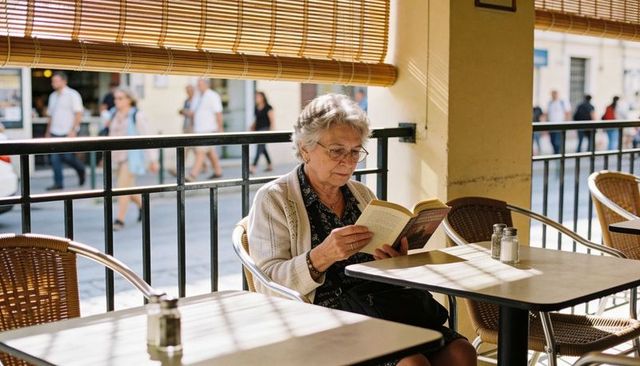 Senior woman reading paperback on sunlit cafe terrace with rattan seats and soft shadows