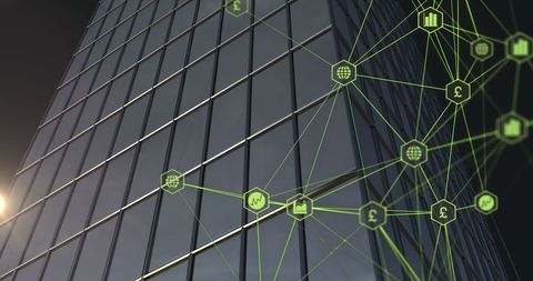 Digital Network Grid Overlay on Modern Urban Skyscraper