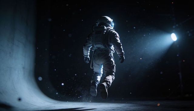 Floating astronaut hovering inside cinematic curved chamber backlit by spotlight beam