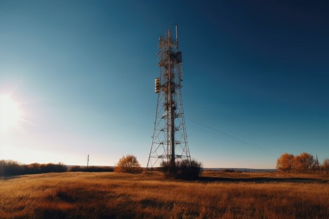 Lone telecommunications tower standing in a rural countryside field during sunset. Great for illustrating wireless communication, rural telecommunications infrastructure, and technology against nature.