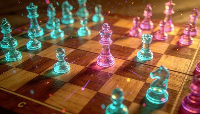 Neon crystal chessboard with glowing magenta king and cyan pieces for futuristic strategy