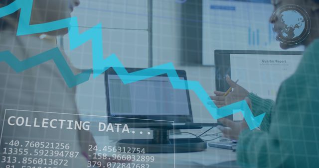 Business professionals sitting in a modern office analyzing data trends on computer screen. Graph and digital interface overlay indicating data collection and statistics. Ideal for illustrating concepts of business analysis, teamwork, finance, and technological advancements in corporate settings.