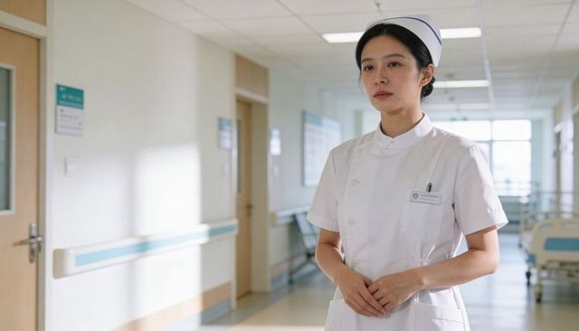 Calm nurse standing in hospital corridor wearing white uniform and cap, caregiver