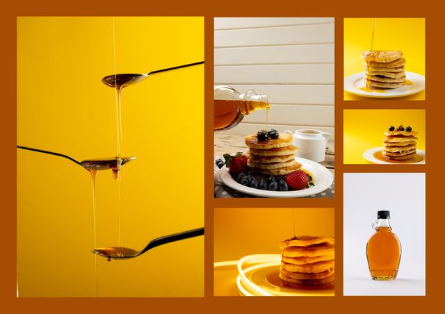Group of images showing appetizing stacks of pancakes drizzled with honey, ideal for promoting breakfast products or recipes. The bright yellow background and fresh fruit accents emphasize a vibrant and cheerful morning meal. Suitable for food blogs, breakfast menus, and advertising campaigns aiming to invoke a sense of homemade deliciousness.