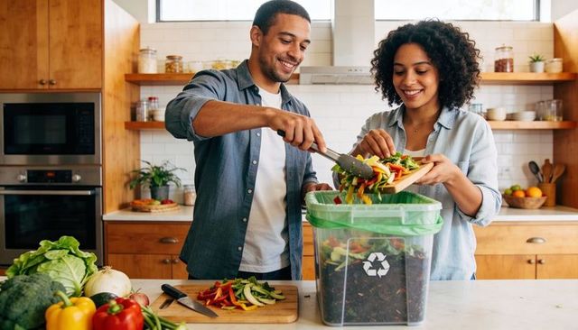Young couple composting kitchen scraps together — sustainable home food waste solution