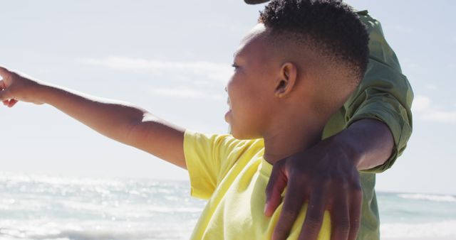 Father and Son Pointing at the Ocean on Sunny Beach - Download Free Stock Images Pikwizard.com