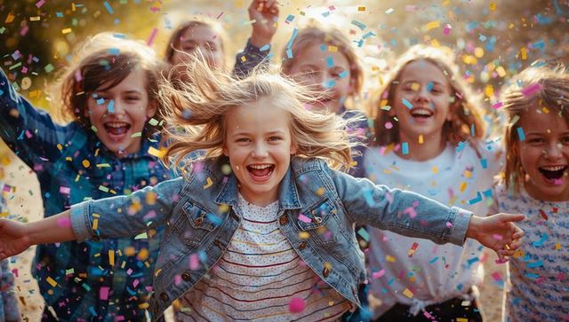 Happy children running through colorful confetti in sunny park celebrating friendship
