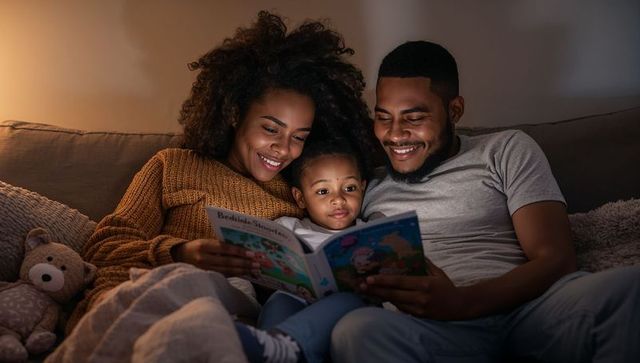 Parents reading bedtime stories with toddler on couch at night, cozy family bonding