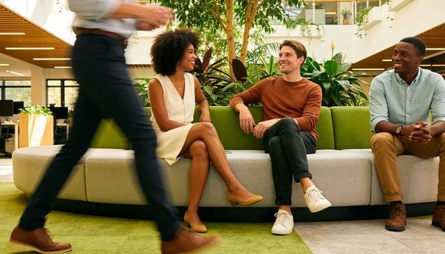Young diverse coworkers chatting on curved lounge sofa in modern biophilic open-plan office