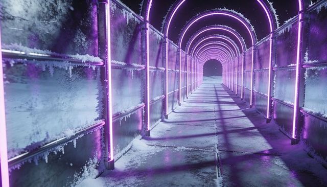 Glowing purple neon arch tunnel emitting magenta light over frosted snowy walkway