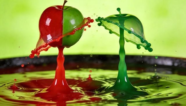 Half red half green apples colliding with color splash crowns over reflective liquid