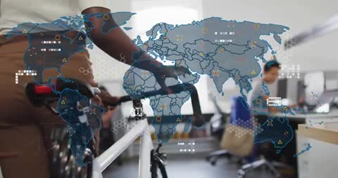 Woman Entering Office with Bicycle and Global Data Map Overlay
