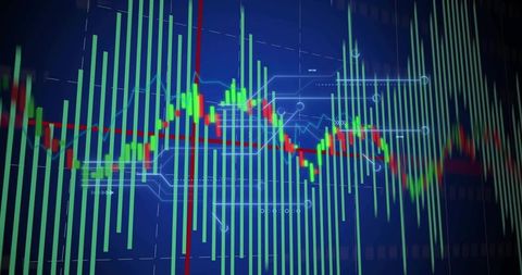 High-tech financial dashboard showing green volume bars and red-green candlestick trend
