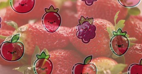 Vibrant mix of fresh strawberries blended with playful and cute cartoon fruit illustrations. Ideal for promoting wholesome eating habits and healthy lifestyle choices. Useful in graphic design, menus, food blogs, or educational materials focused on nutrition, creativity, and charm.