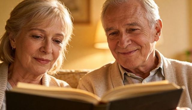 Senior couple reading hardcover book on sofa sharing cozy evening of gentle companionship