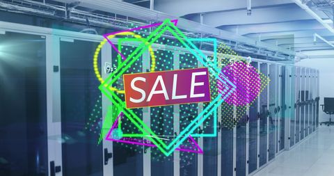 Tech sale promotion over virtual server room background