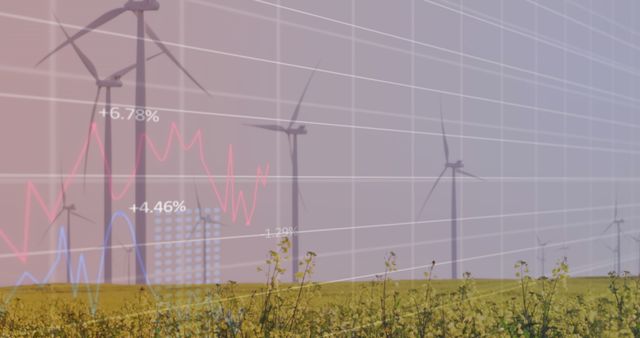Wind Turbines with Financial Graph Overlay in Field - Download Free Stock Images Pikwizard.com