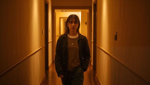 Moody amber corridor cinematic: asian woman walking narrow hotel hallway, introspective night