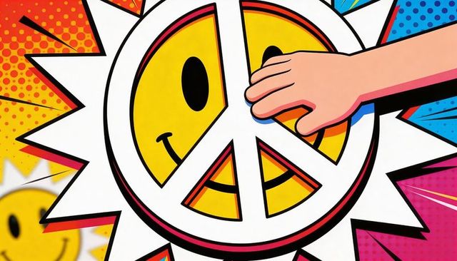 Hand touching smiley peace sign sun pop art poster with vibrant halftone dots colorblock