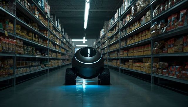 Futuristic Retail Robot Navigating Supermarket Aisle