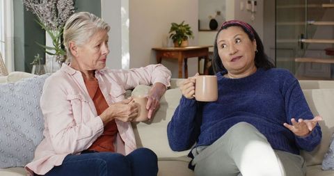 Elderly Friends Enjoying Cozy Conversation in Living Room