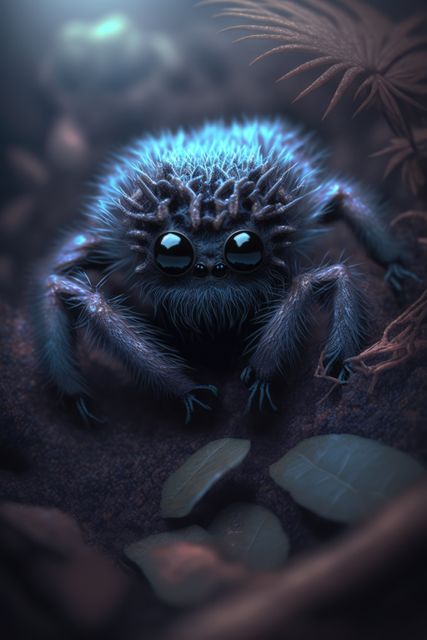 Cute blue spider with orange leaves created using generative ai technology. Animals and nature concept digitally generated image.
