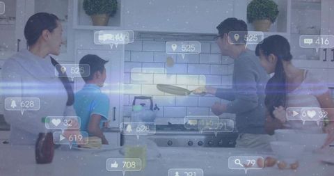 Family cooking together in modern kitchen with social media overlay and pancake flip