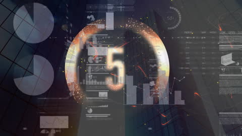 Countdown Animation Over Digital Data Interface Background