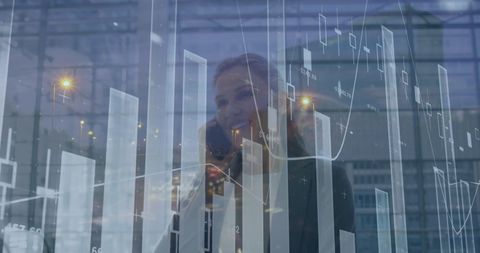 Caucasian Businesswoman Smiling Through Financial Graph Overlay