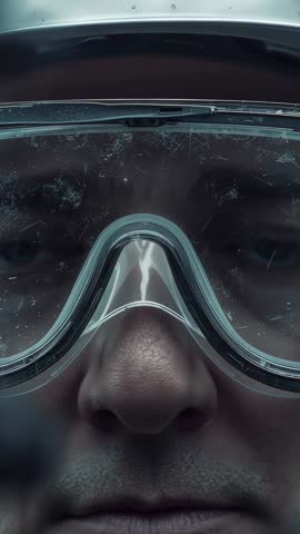 Vertical close-up showing man wearing scratched safety goggles focusing, blinking in dim lab