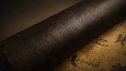 Gliding Reveal of Antique Vellum Scroll with Gothic Script and Heraldic Crest