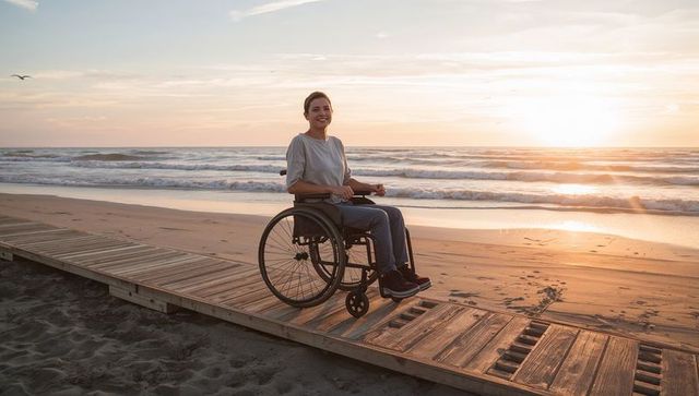 Woman in manual wheelchair enjoying sunset on accessible beach boardwalk