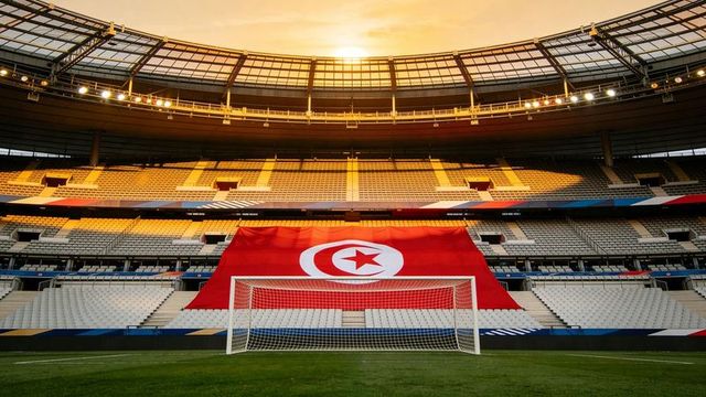 Golden-hour empty stadium with tunisian flag draped behind centered football goal on pitch