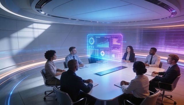 Executive team reviewing holographic data dashboard in futuristic high-tech boardroom
