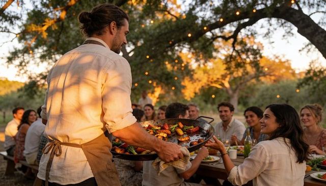 Serving roasted vegetables from large pan to friends at outdoor rustic dinner party