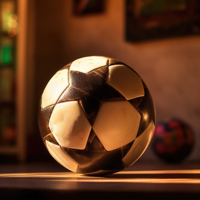 Close up of black and white football on wooden floor in room, created using generative ai technology. Football, sports and competition concept digitally generated image.