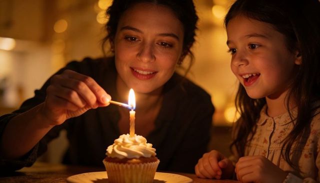 Mother lighting candle on frosted cupcake while daughter watches with joyful smile