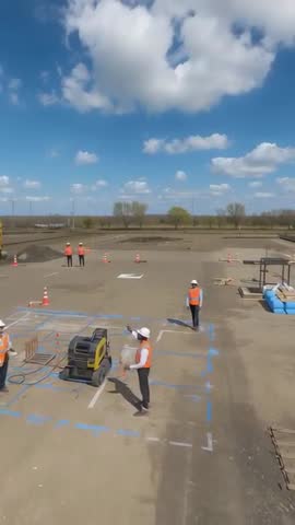Vertical construction site inspection video showing workers marking layout with blue tape and roller