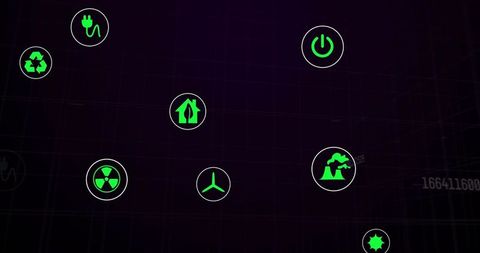 Neon green energy icons floating on dark grid for renewable energy and sustainability data