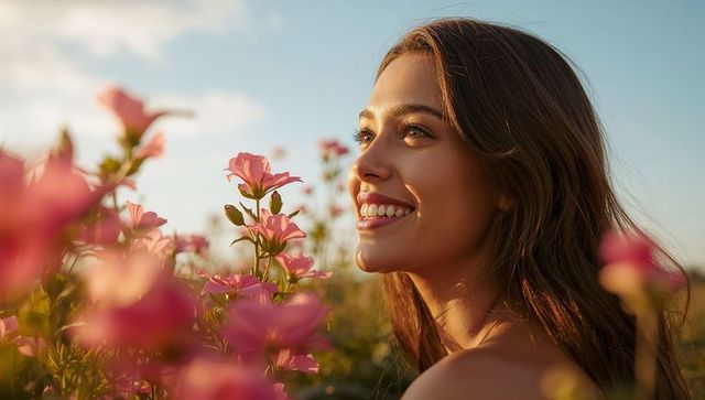 Young woman smiling in pink wildflower field at golden hour turning toward sunlight